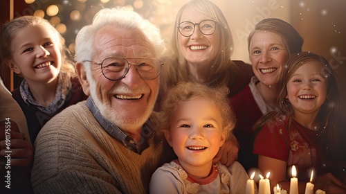 Happy multi-generational family celebrating together with candles, warm indoor setting.