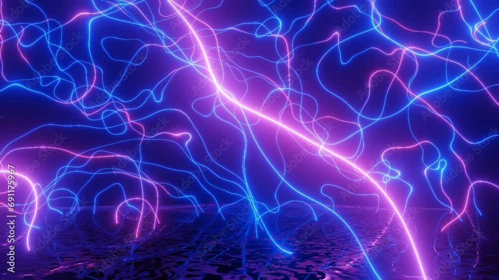 Neon Design of blue red pattern wall in loop motion. 4K video with various neon elements and a reflecting floor. Looped 3d render. Glowing Neon: 4K with colorful geometric shapes and a mirror effect