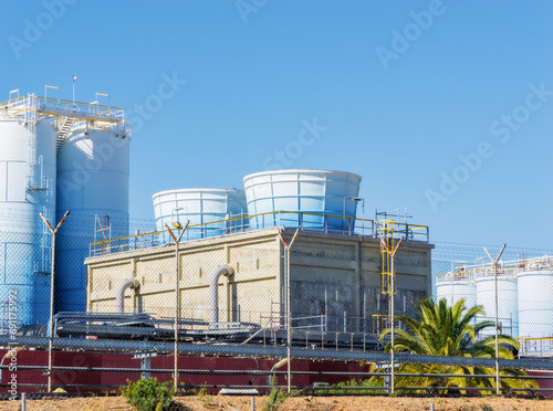 Modern chemical plant for petrochemical products in Spain. Industrial building. Production structures. Ecology, environmental pollution by processed products