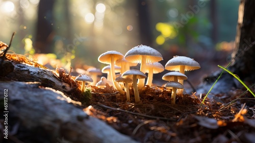 An up-close and personal view of mushrooms in a pine forest plantation located in tokai forest, cape town, south africa. photo