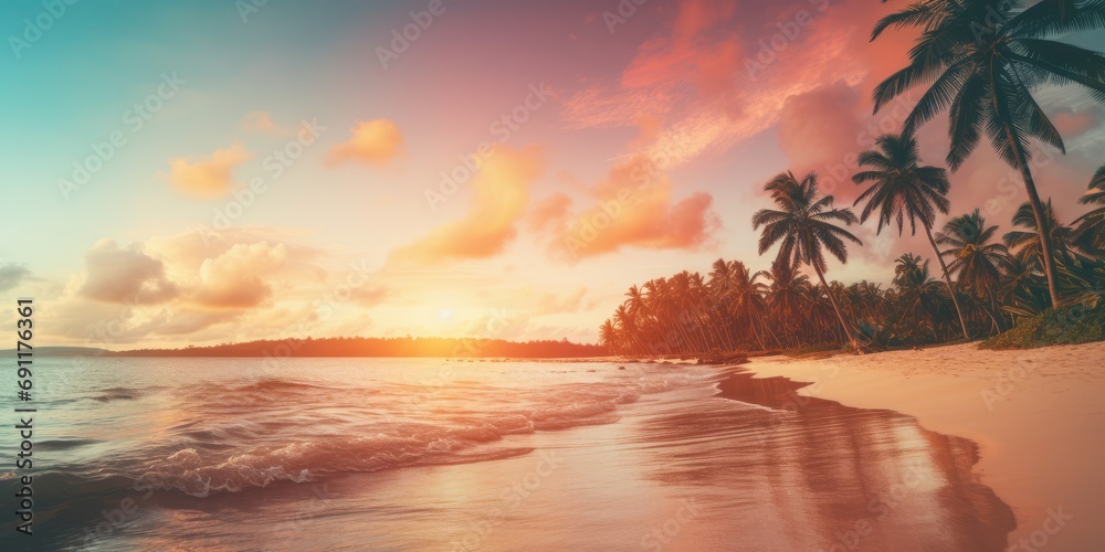 Landscape of paradise tropical island beach at sunset