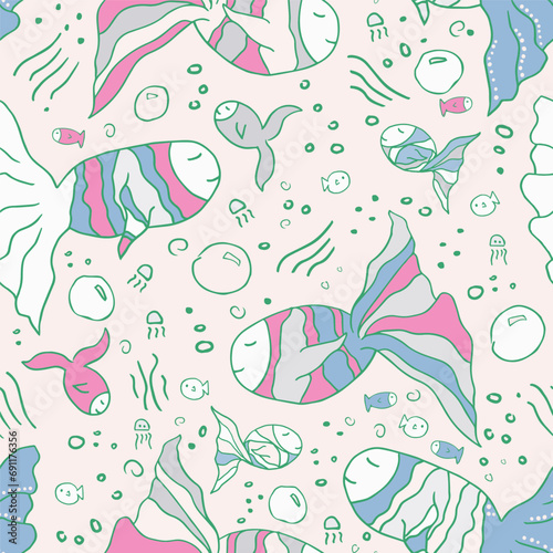Sweet fishes under the sea in a pastel pink pattern for children. Vector seamless pattern design for textile, fashion, paper, packaging, wrapping and branding  