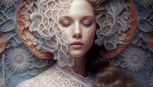 A model surrounded by intricate lace patterns, reminiscent of the delicate details in Renaissance paintings.