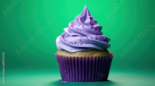  a cupcake with purple frosting and sprinkles sits on a green surface with a green back ground and a green wall behind the cupcake has a purple frosting on it. photo