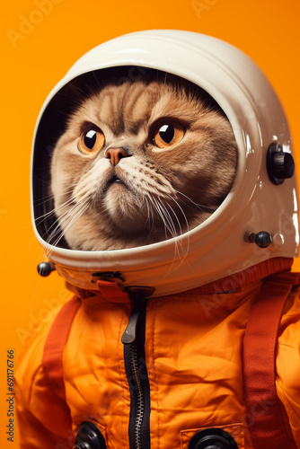 happy British Shorthair Cat Dressed as an astronaut on orange color background created with Generative Ai