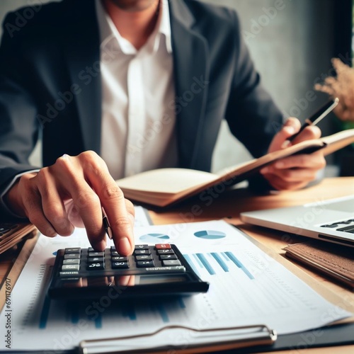 professional business person working on calculator, accountant, economist, calculates report, salary, businessman calculates profit