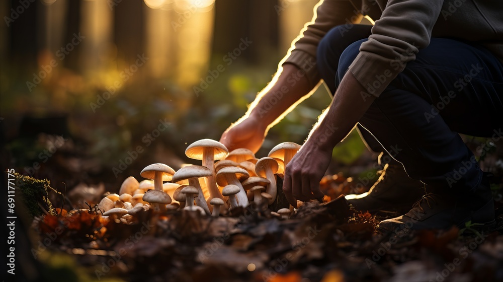 A man's hands are seen picking up mushrooms in the forest during autumn and there is space for text in the background of autumn trees. A man's hands are seen picking up mushrooms in the forest during autumn and there is space for text in the background of autumn trees.