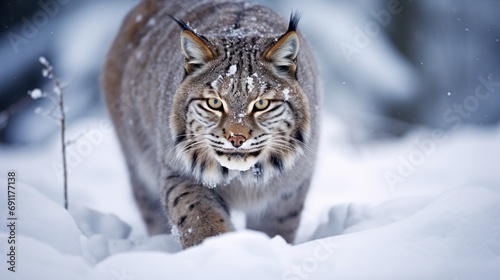 A large wildcat is gazing at its spotted fur in the snow.