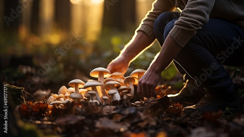 A man's hands are seen picking up mushrooms in the forest during autumn and there is space for text in the background of autumn trees.