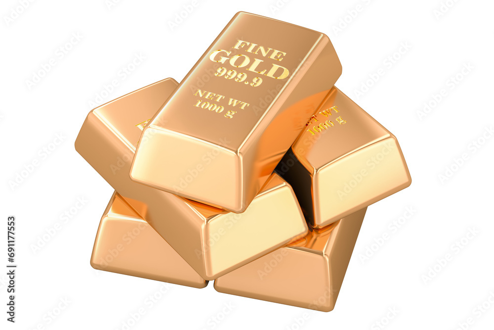 Gold ingots, gold bars, gold bullions, golden bricks. 3D rendering isolated on transparent background Gold ingots, gold bars, gold bullions, golden bricks. 3D rendering isolated on transparent background