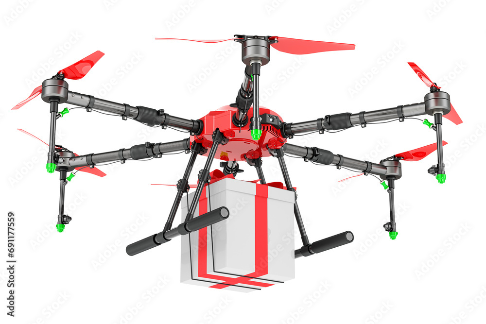 Naklejka premium Drone with gift box, 3D rendering isolated on transparent background