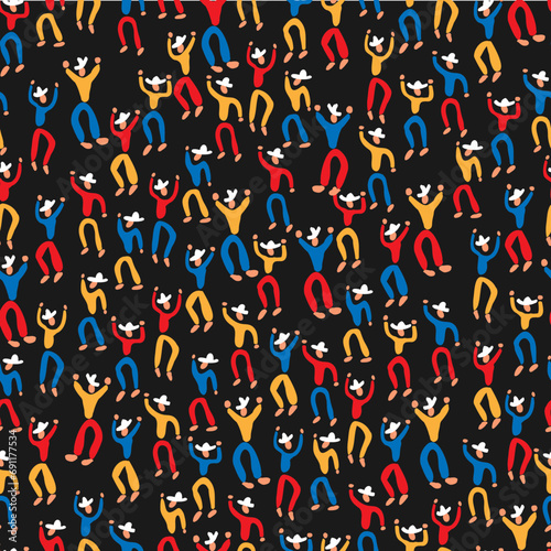Venezuelan folklore dance party pattern in primary colors on dark background. Vector seamless pattern design for textile, fashion, paper and wrapping. 