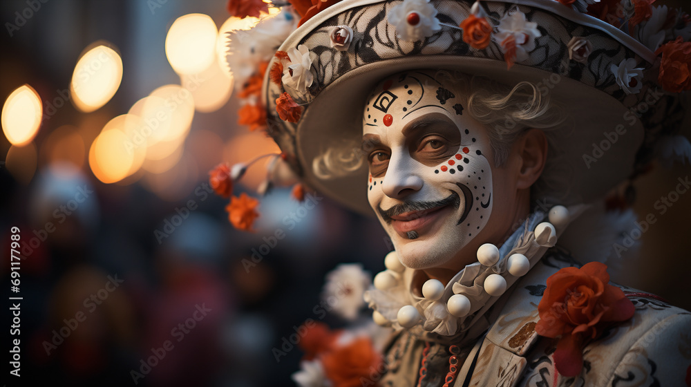 Uomo vestito con una maschera per carnevale in Italia a Napoli