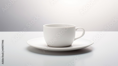  a white coffee cup sitting on top of a white saucer on top of a white plate on top of a white tablecloth with a white wall in the background.