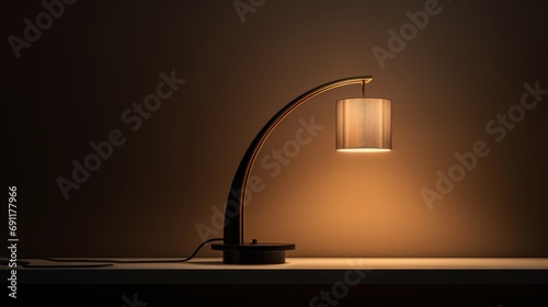  a lamp sitting on top of a table next to a lamp on top of a wooden table next to a lamp on top of a black table and a brown wall. photo