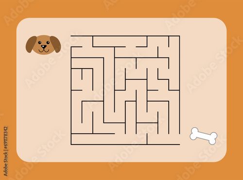Maze game, worksheet for kids, dog and bone on an orange background, vector. Labyrinth, dog and bone.