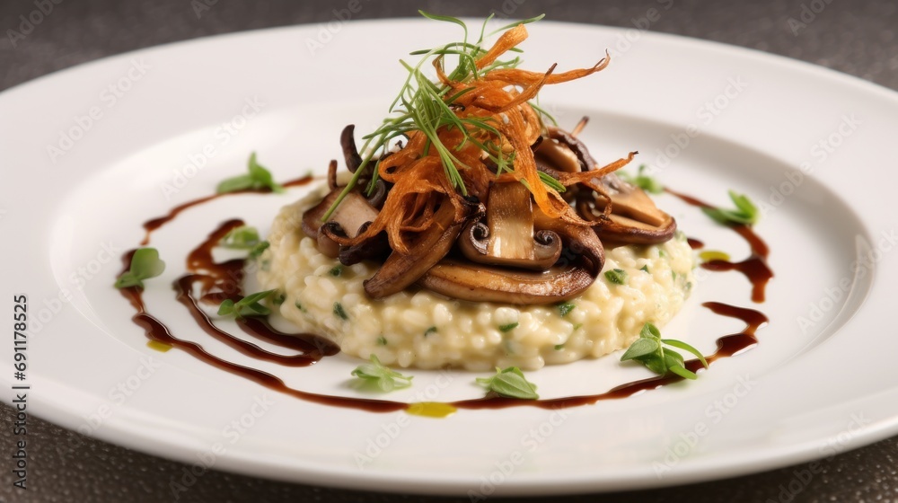 a white plate topped with mashed potatoes covered in mushrooms and garnished with a garnish of garnish on top of green garnish. a white plate topped with mashed potatoes covered in mushrooms and garnished with a garnish of garnish on top of green garnish.