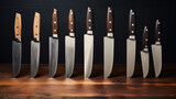  a group of knives sitting next to each other on top of a wooden table next to a knife sharpener on top of a wooden counter top of a wooden table.