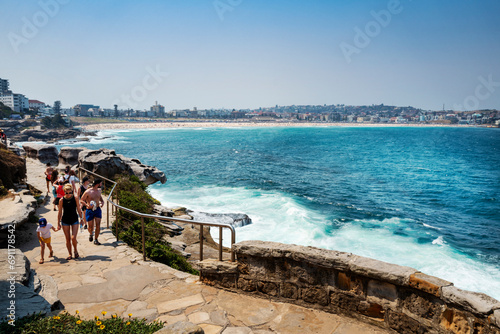 Bondi Beach is a popular beach located 7 km east of the Sydney central business district. It is one of the most visited tourist sites in Australia. Dec 2019 photo