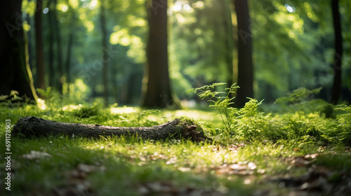 Dreamy and serene image of defocused green trees in forest with sunbeams filtering through foliage creating peaceful natural backdrop  AI Generated