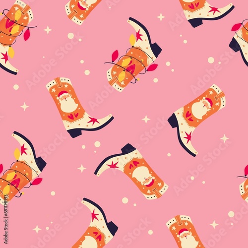Christmas cowboy boots with Santa Claus and Christmas lights on pink background, seamless pattern. Cute festive winter holiday illustration. Bright colorful design. photo
