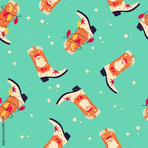 Christmas cowboy boots with Santa Claus and Christmas lights on mint background, seamless pattern. Cute festive winter holiday illustration. Bright colorful design. photo