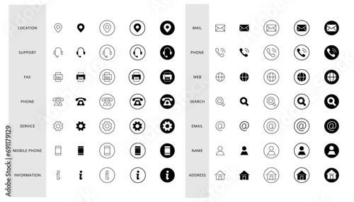 Contact us icons. set of outline and glyph style contact icon isolated on white background includes location, support, fax, setting, mobile, info, mail, phone, search, website, email and address icon