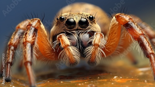 A female cross spider is captured in a vertical close-up while on her web.