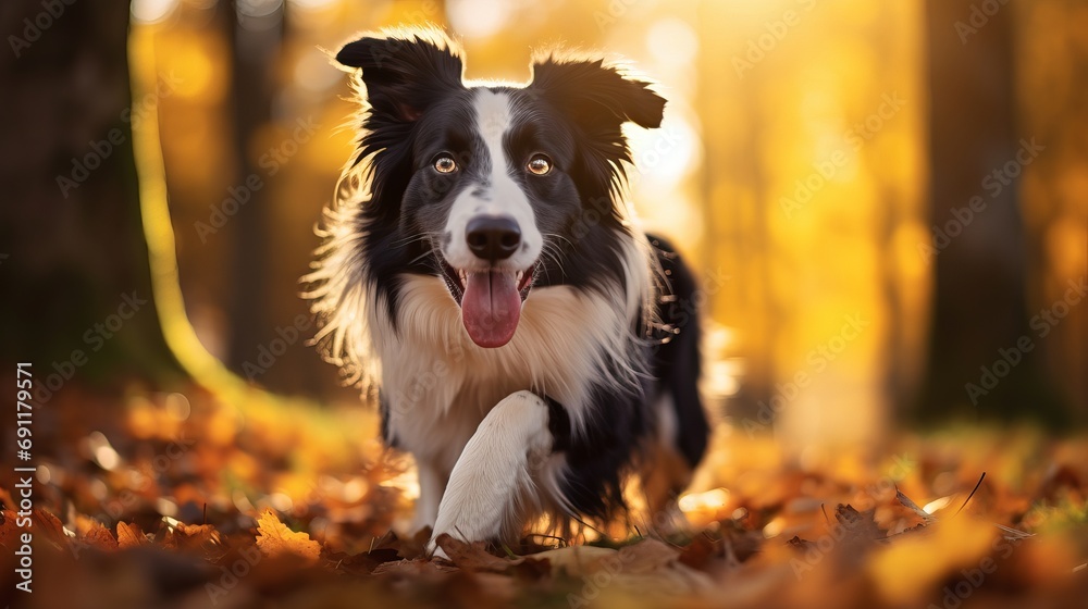 A vertical image of a border collie dog in a forest during the autumn season - obrazy, fototapety, plakaty 