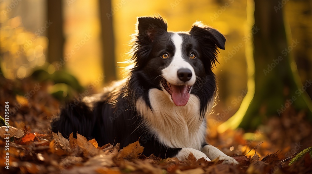 A vertical image of a border collie dog in a forest during the autumn season A vertical image of a border collie dog in a forest during the autumn season