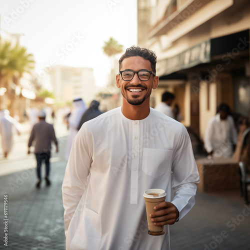 A young Emirati man holding a coffee cup smiling at the camera
