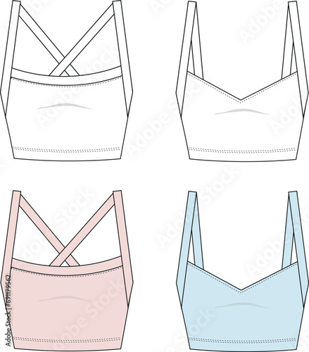 Sports Bra technical fashion Illustration. Women's cropped Tank Top fashion flat technical drawing. Casual underclothing. Women's yoga underwear design template.