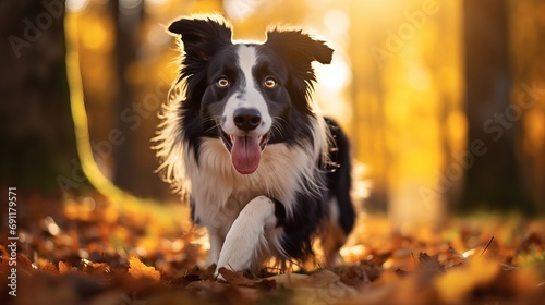 Foto A vertical image of a border collie dog in a forest during the autumn season