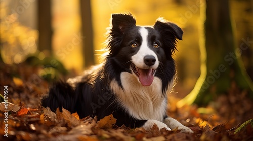 Foto A vertical image of a border collie dog in a forest during the autumn season