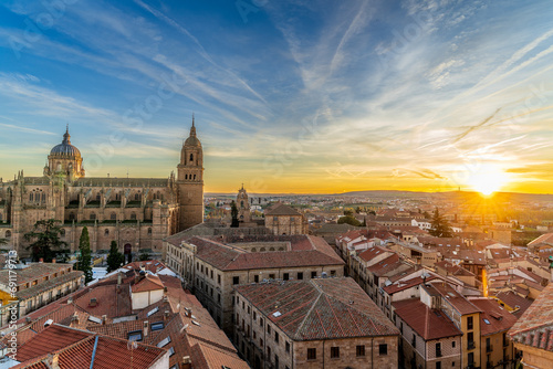 View of the cathedral and the city of Salamanca at sunset from the Clerecia towers. photo