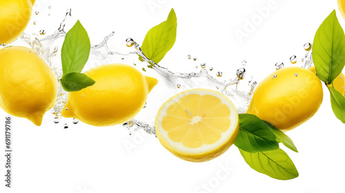 Lemon water splash isolated on a white transparent background, png. Lemon fruit slice, leaves and water splash. background water wave, citrus piece and mint foliage flying
