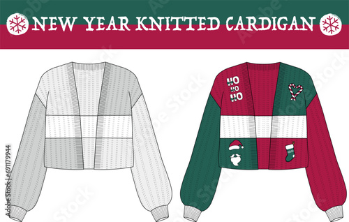 Christmas themed cardigan drawing. Knit cardigan Vector technical sketch. Christmas new year patterns.