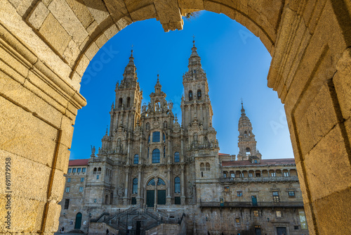 View of the monumental cathedral of the city of Santiago de Compostela in Galicia.