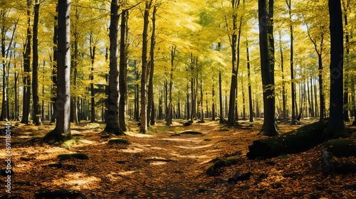 A wide-angle shot of a forest that is full of trees with green and yellow leaves.