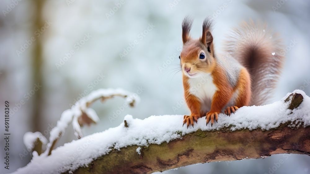 During winter, there is a squirrel with snow on its back During winter, there is a squirrel with snow on its back