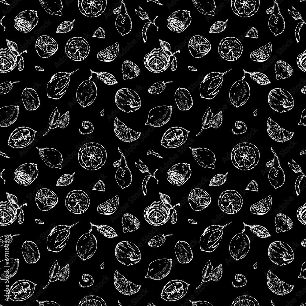 Seamless pattern of lemons and leaves. hand drawn illustration. Vector background Seamless pattern of lemons and leaves. hand drawn illustration. Vector background