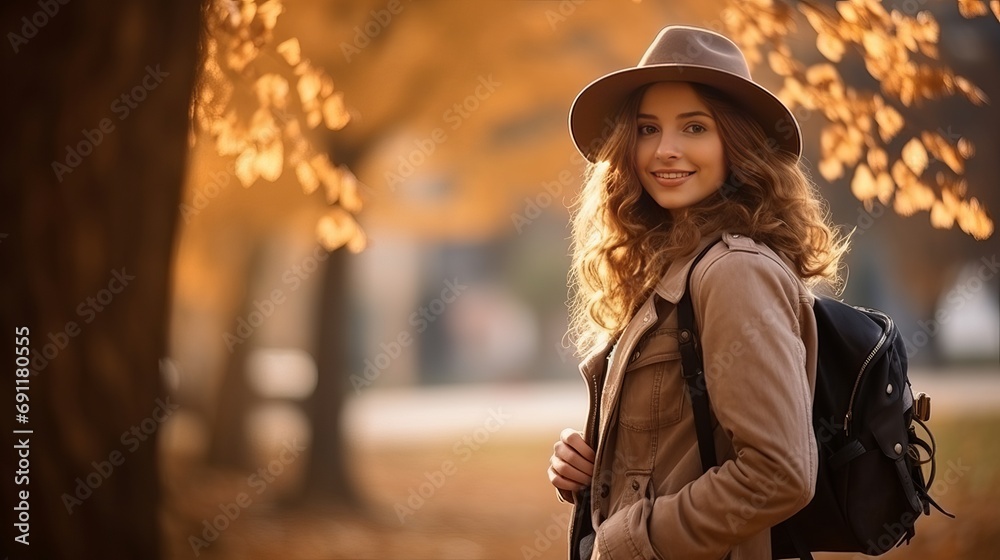 In the park during autumn, a woman is posing with a backpack on the ground near a big tree. this is a high-quality photo.