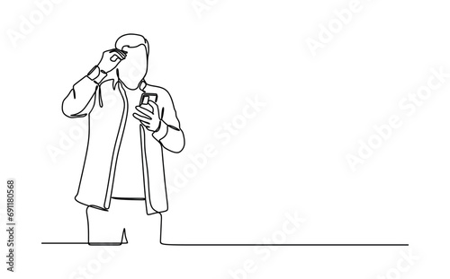 businessman reading message online notification from phone. Continuous line style. Hand drawn. business concept. Vector design. Illustration