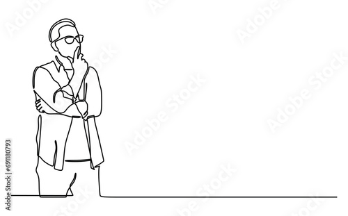 Thoughtful and pensive young businessman thinking confident while holding hand on chin. Continuous line style. Hand drawn. business concept. Vector design. Illustration