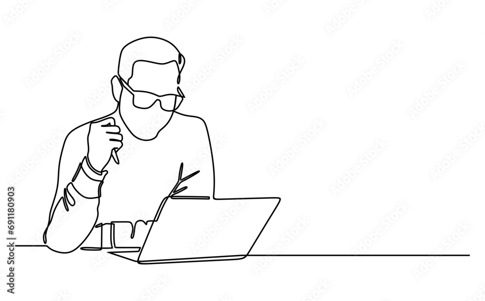 businessman entrepreneur professional working on laptop. Continuous line style. Hand drawn. business concept. Vector design. Illustration