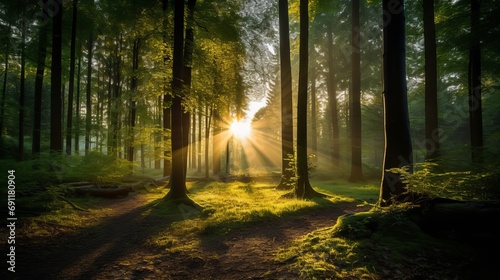 The forest is illuminated by the sun through its trees.