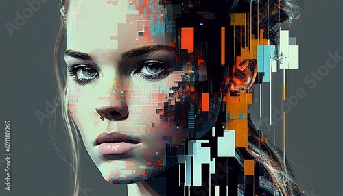 A model with pixelated and glitched elements, drawing inspiration from the digital manipulation techniques of contemporary new media art.