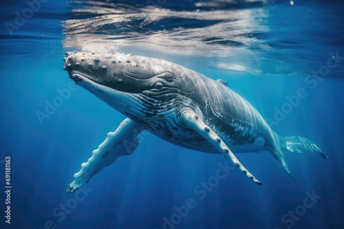A baby humbpack whale plays near the surface in blue water ocean photo