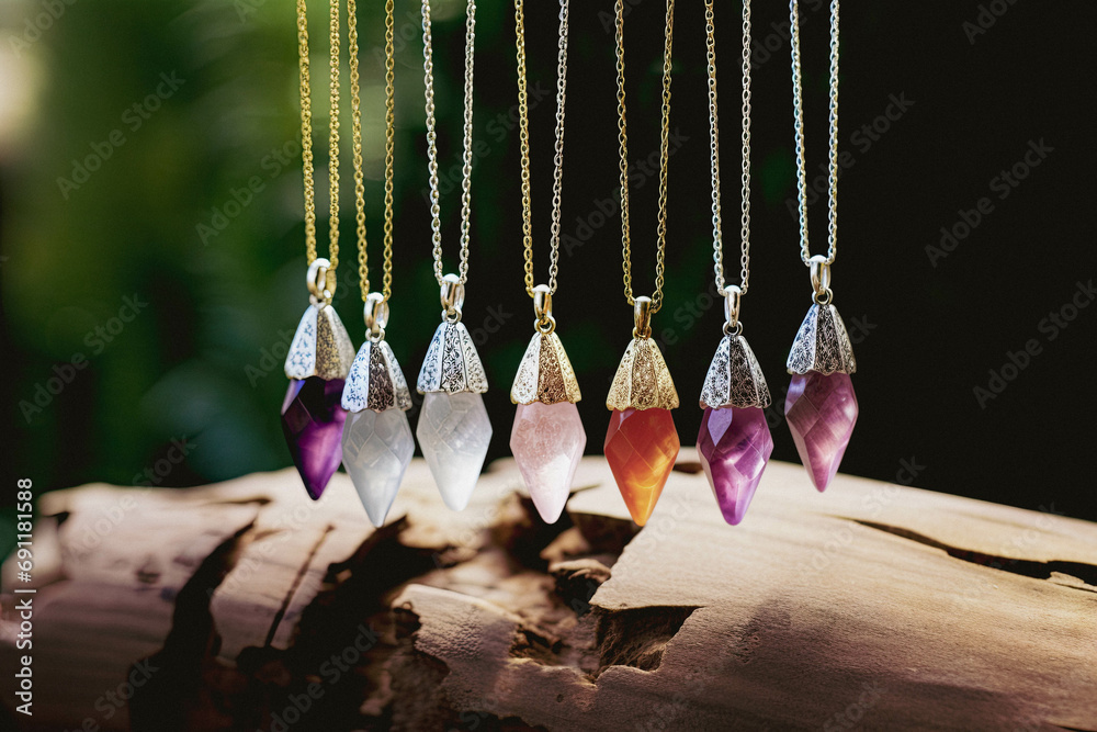 Crystal jewellery as cut pendants, hanging at a shop display