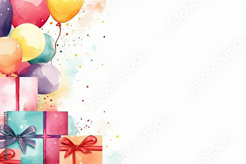 An illustration of a birthday card, white background with balloons and wrapped gifts or presents with a bow photo